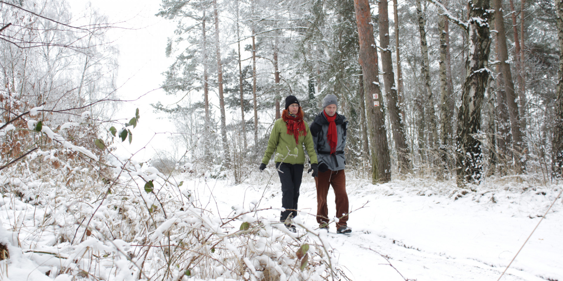 Ein Paar wandert durch den verschneiten Winterwald
