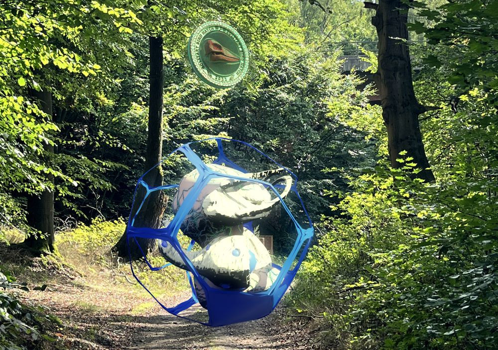 Ein blau-weiß gemustertes Objekt schwebt über einem Waldweg